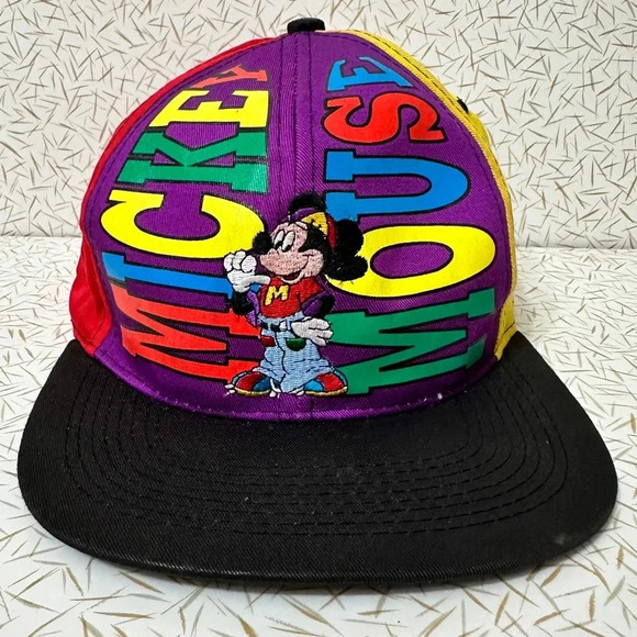 Vintage Disney Mickey Mouse Hip Hop Snapback Colorblock Hat Cap Rap 90s - Picture 1 of 8